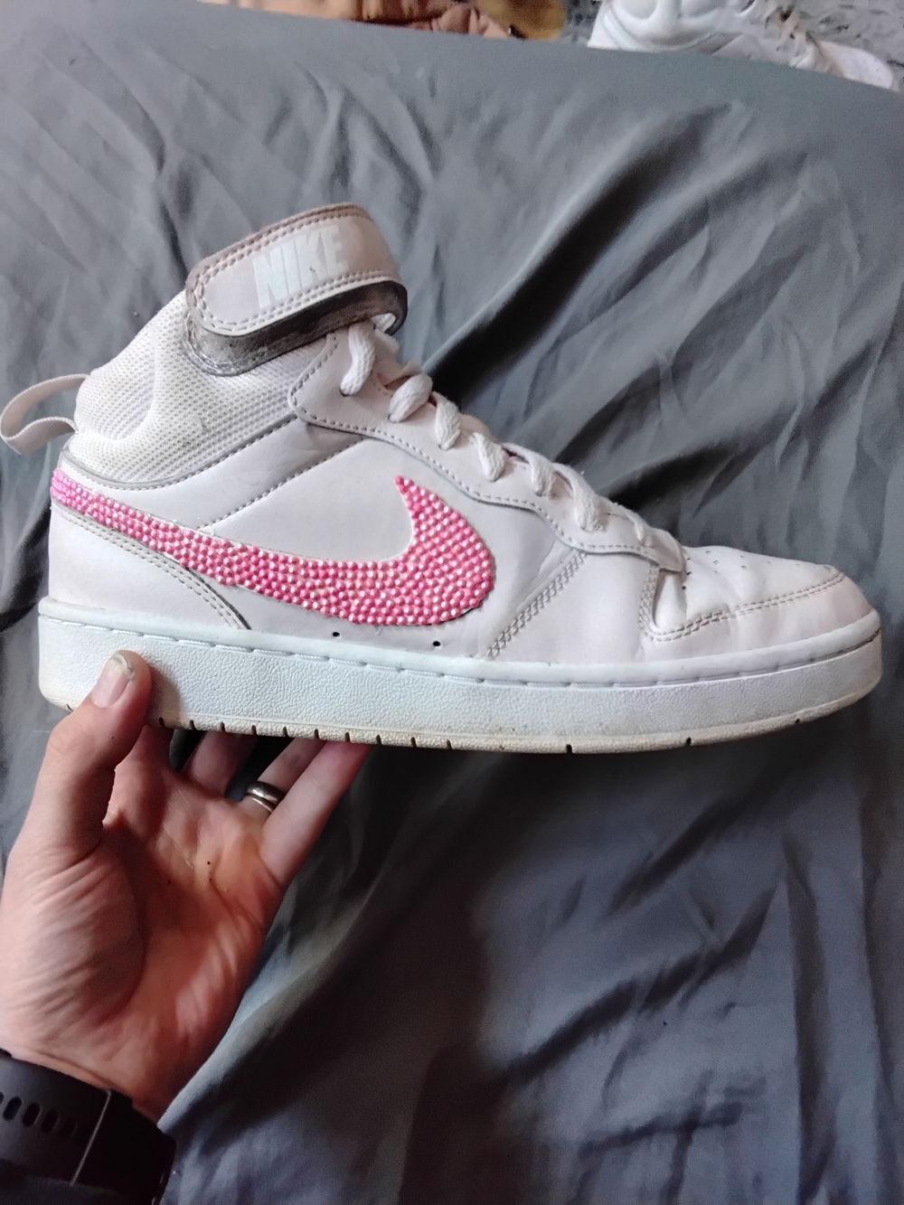 Nike White High-Top Sneakers with Pink Crystal Swoosh